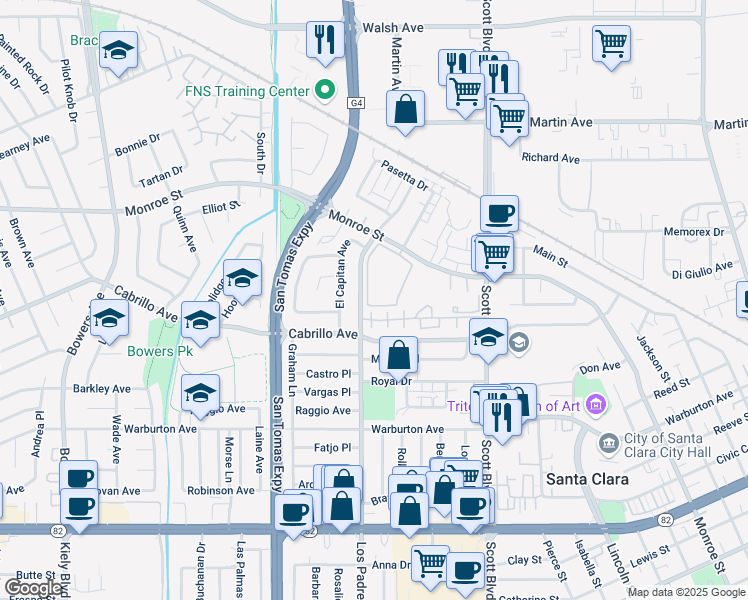 map of restaurants, bars, coffee shops, grocery stores, and more near 2076 Los Padres Boulevard in Santa Clara