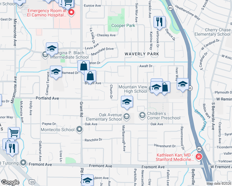 map of restaurants, bars, coffee shops, grocery stores, and more near 3420 Woodstock Lane in Mountain View