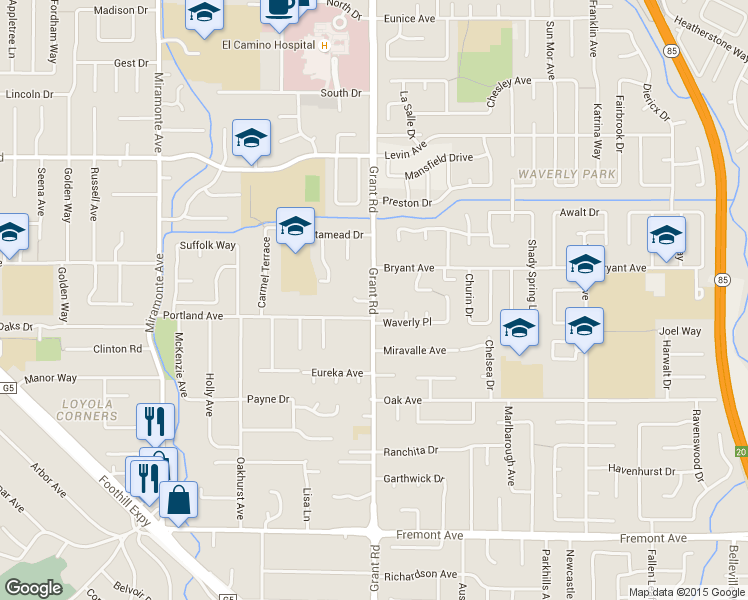 map of restaurants, bars, coffee shops, grocery stores, and more near 3565 Grant Road in Mountain View