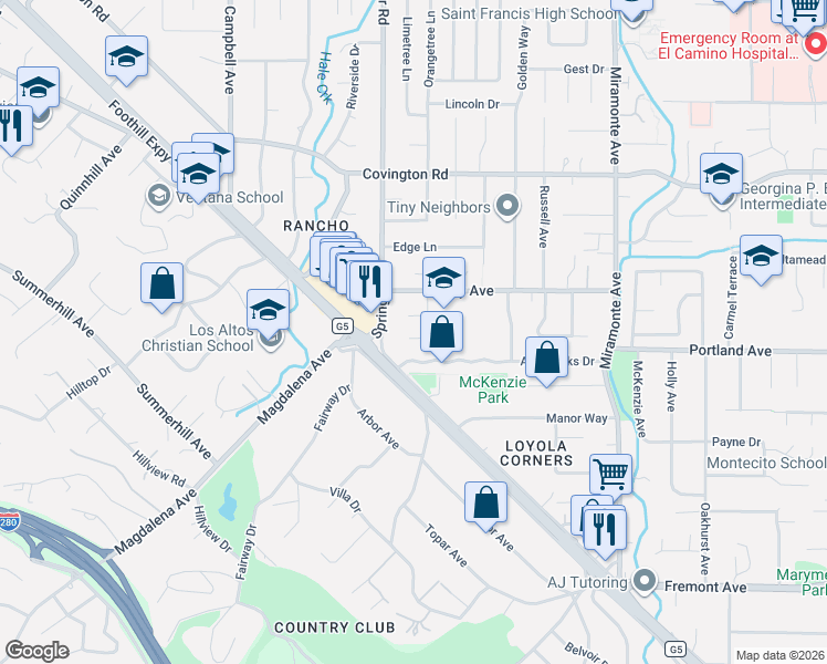 map of restaurants, bars, coffee shops, grocery stores, and more near 722 Brentwood Court in Los Altos