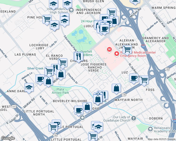map of restaurants, bars, coffee shops, grocery stores, and more near 318 El Rancho Verde Drive in San Jose