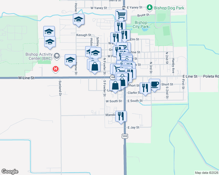 map of restaurants, bars, coffee shops, grocery stores, and more near 200-266 South Fowler Street in Bishop