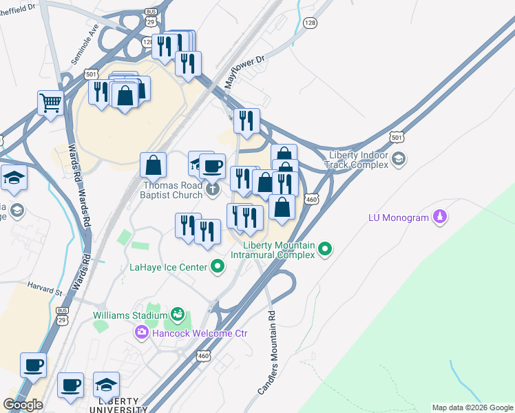 map of restaurants, bars, coffee shops, grocery stores, and more near 128 Montview Forest Drive in Lynchburg