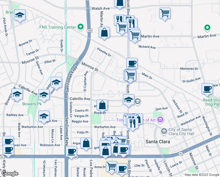 map of restaurants, bars, coffee shops, grocery stores, and more near 2161 Rancho McCormick Boulevard in Santa Clara