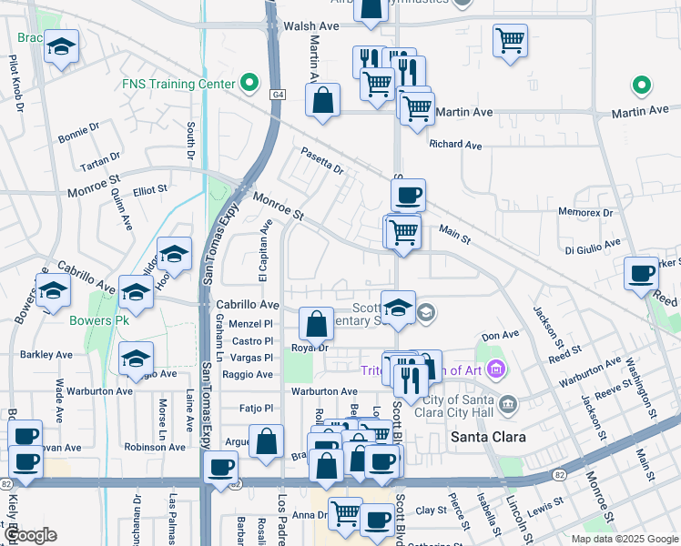 map of restaurants, bars, coffee shops, grocery stores, and more near 2171 Rancho McCormick Boulevard in Santa Clara