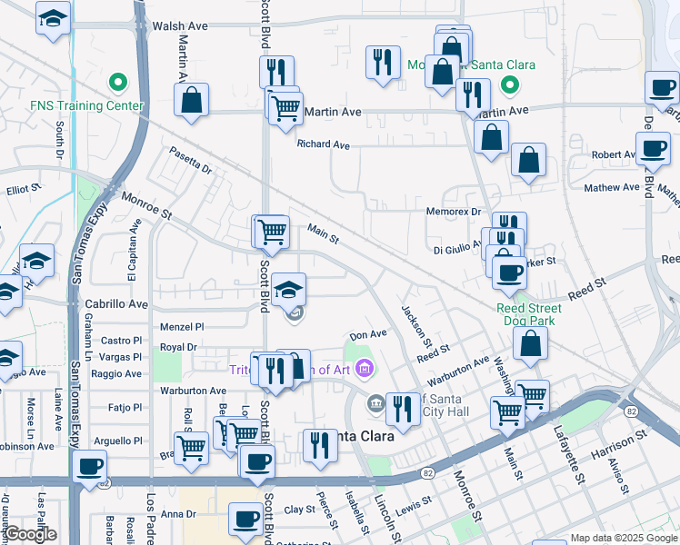 map of restaurants, bars, coffee shops, grocery stores, and more near 2120 Monroe Street in Santa Clara