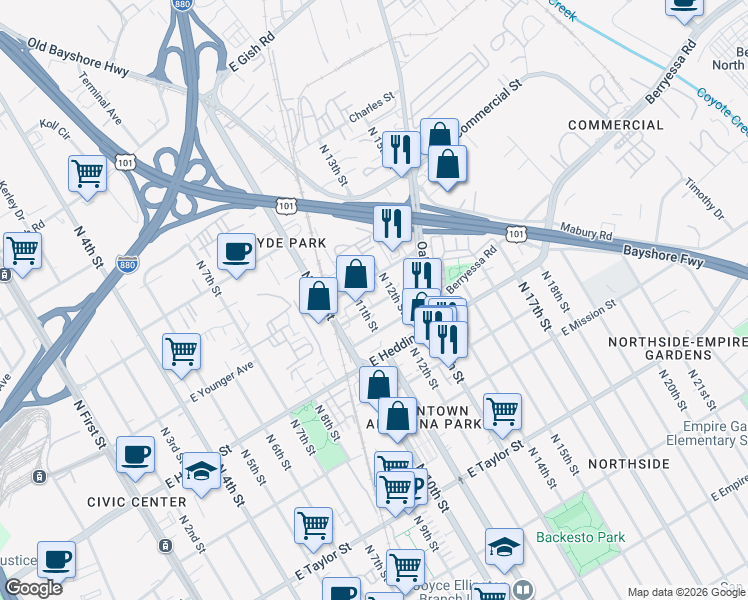 map of restaurants, bars, coffee shops, grocery stores, and more near 545 Santa Ana Avenue in San Jose