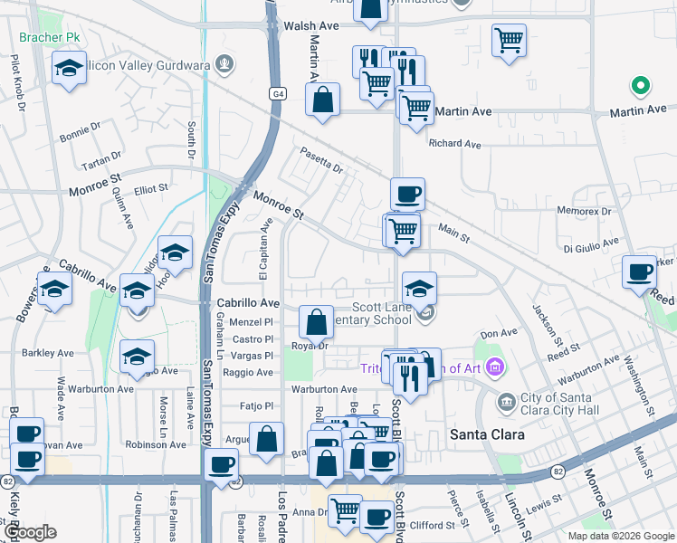 map of restaurants, bars, coffee shops, grocery stores, and more near 2171 Rancho McCormick Boulevard in Santa Clara