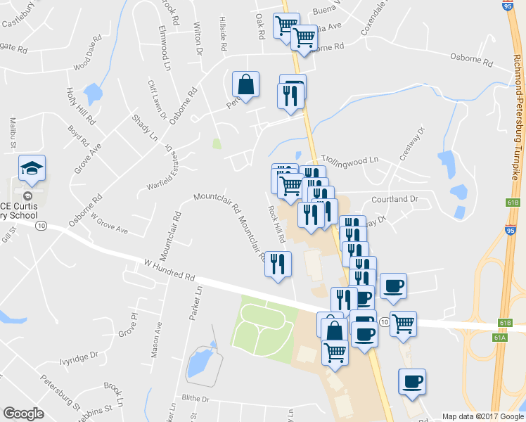 map of restaurants, bars, coffee shops, grocery stores, and more near 12100 Rock Hill Road in Chester