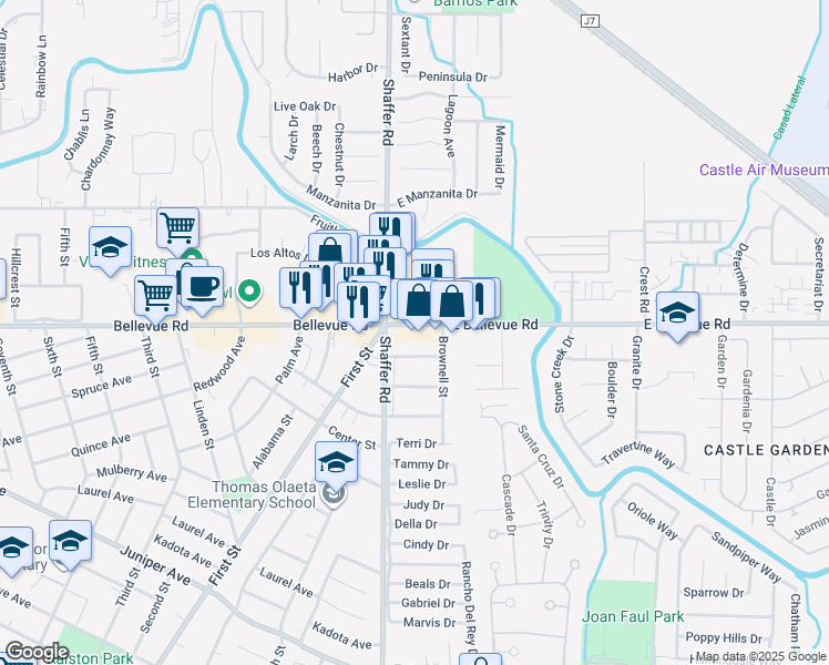 map of restaurants, bars, coffee shops, grocery stores, and more near 232 East Bellevue Road in Atwater