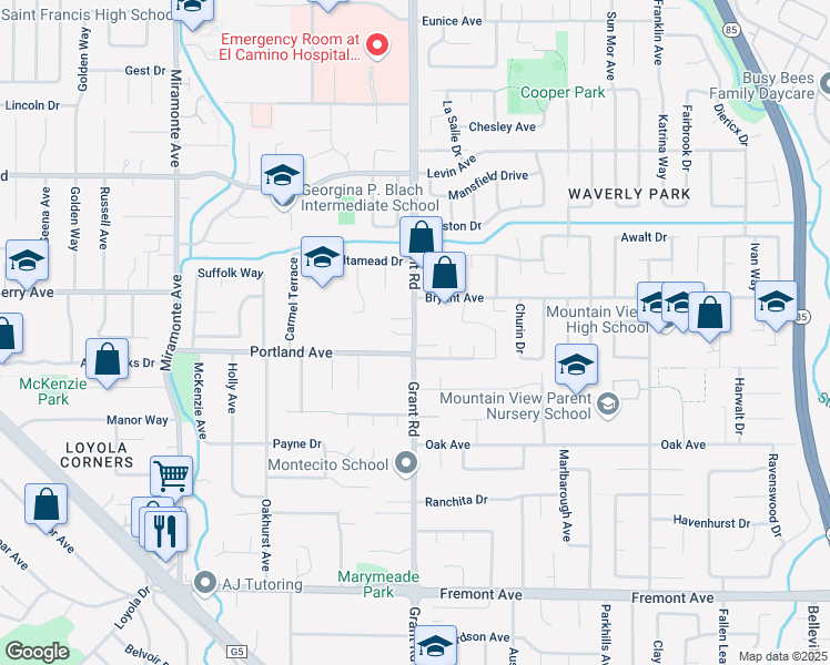 map of restaurants, bars, coffee shops, grocery stores, and more near 3565 Grant Road in Mountain View