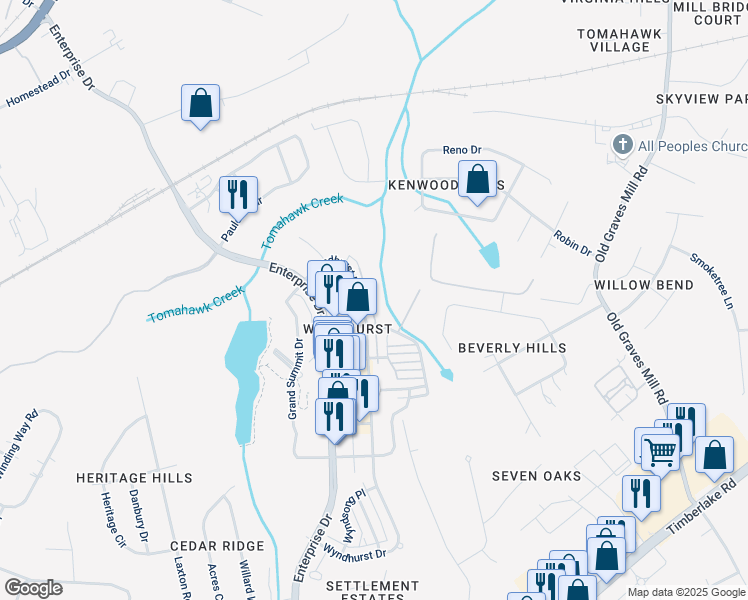 map of restaurants, bars, coffee shops, grocery stores, and more near 235 Northwynd Circle in Lynchburg
