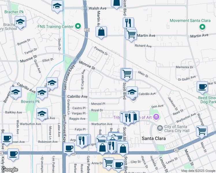 map of restaurants, bars, coffee shops, grocery stores, and more near 2161 Rancho McCormick Boulevard in Santa Clara