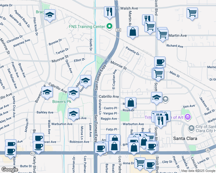 map of restaurants, bars, coffee shops, grocery stores, and more near 2394 Alberta Court in Santa Clara