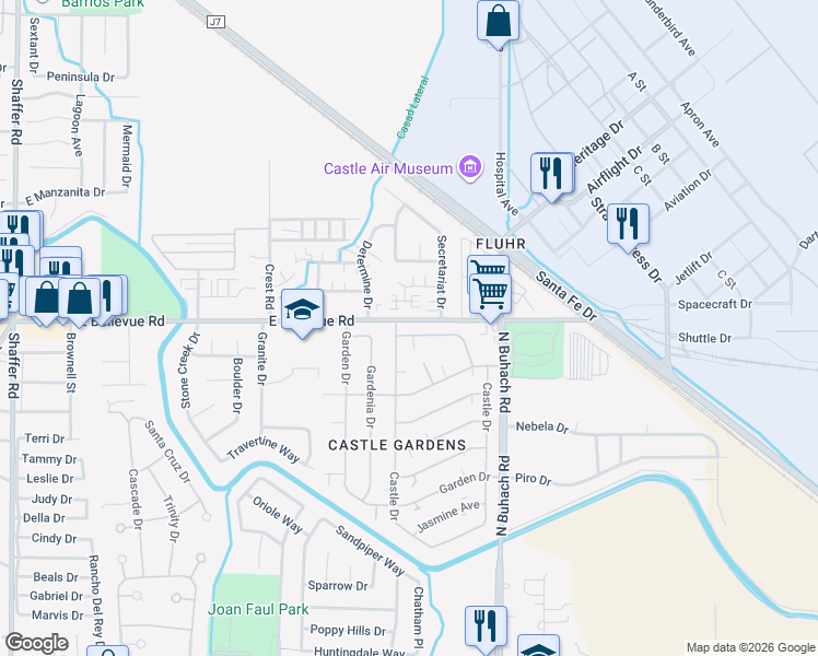 map of restaurants, bars, coffee shops, grocery stores, and more near 239 Castle Drive in Atwater