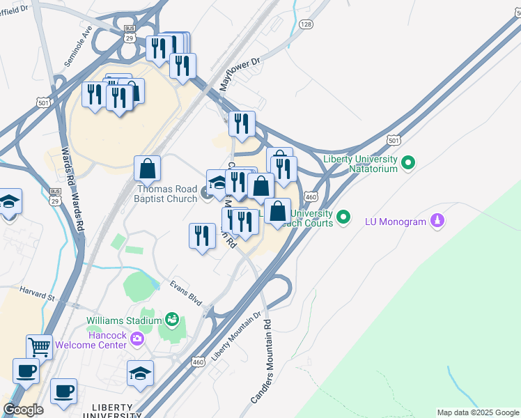 map of restaurants, bars, coffee shops, grocery stores, and more near 134 Montview Forest Drive in Lynchburg