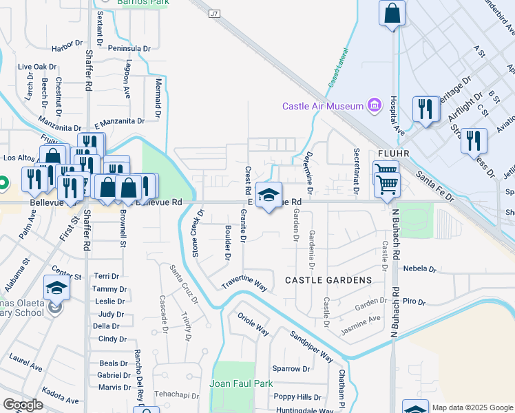 map of restaurants, bars, coffee shops, grocery stores, and more near 1020 East Bellevue Road in Atwater