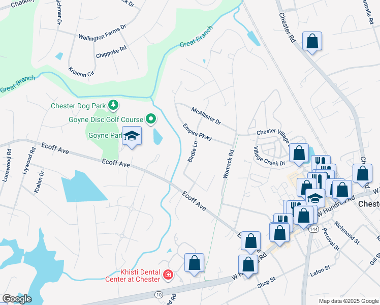 map of restaurants, bars, coffee shops, grocery stores, and more near 11818 Birdie Lane in Chester