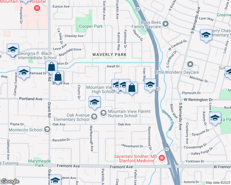 map of restaurants, bars, coffee shops, grocery stores, and more near 3535 Truman Avenue in Mountain View