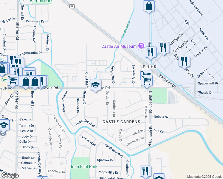 map of restaurants, bars, coffee shops, grocery stores, and more near 234 Gardenia Drive in Atwater
