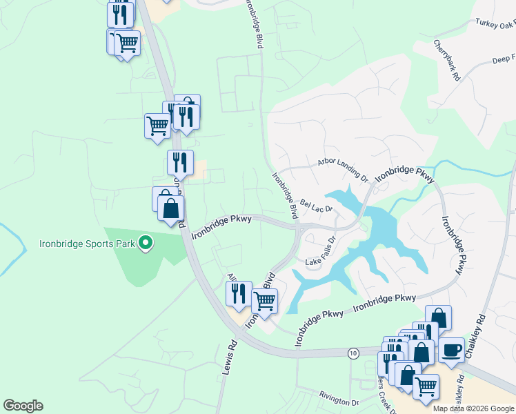 map of restaurants, bars, coffee shops, grocery stores, and more near 11341 Benton Pointe Way in Chester