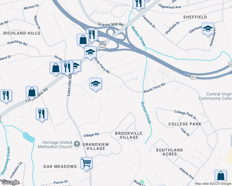 map of restaurants, bars, coffee shops, grocery stores, and more near 100 Aaron Place in Lynchburg