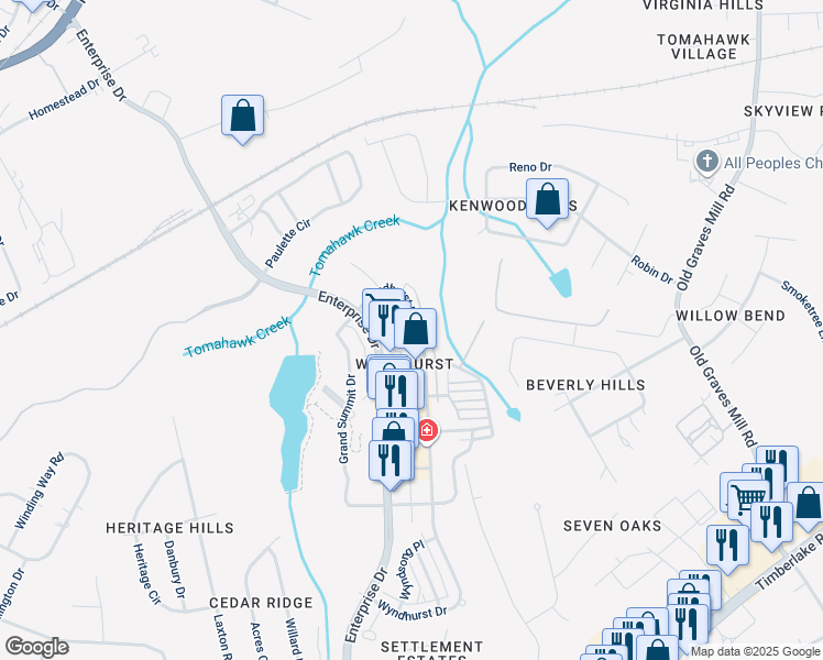 map of restaurants, bars, coffee shops, grocery stores, and more near 727 Wyndhurst Drive in Lynchburg