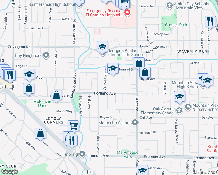 map of restaurants, bars, coffee shops, grocery stores, and more near 1273 Carmel Terrace in Los Altos