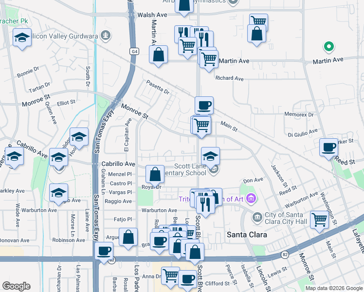 map of restaurants, bars, coffee shops, grocery stores, and more near 2090 Scott Boulevard in Santa Clara