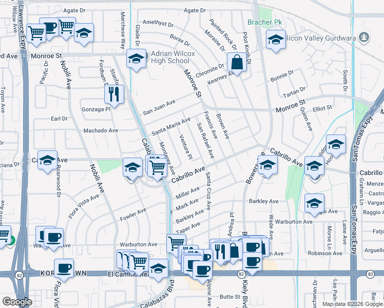 map of restaurants, bars, coffee shops, grocery stores, and more near in Santa Clara