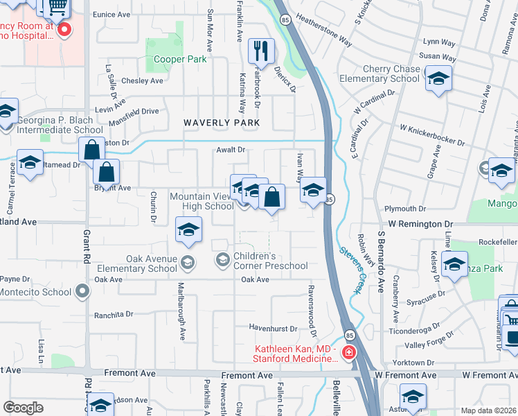 map of restaurants, bars, coffee shops, grocery stores, and more near 1201-1219 Bryant Ave in Mountain View