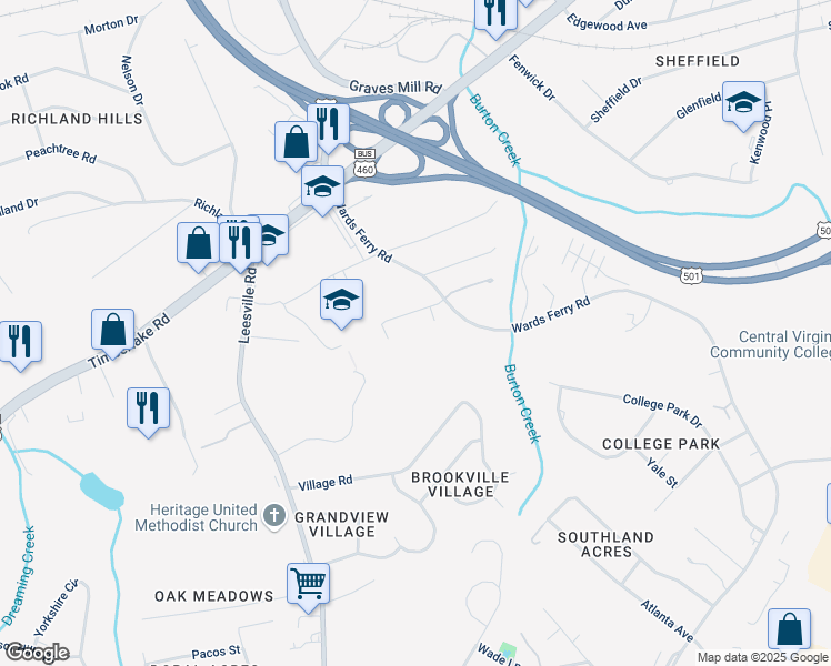 map of restaurants, bars, coffee shops, grocery stores, and more near 100 Aaron Place in Lynchburg