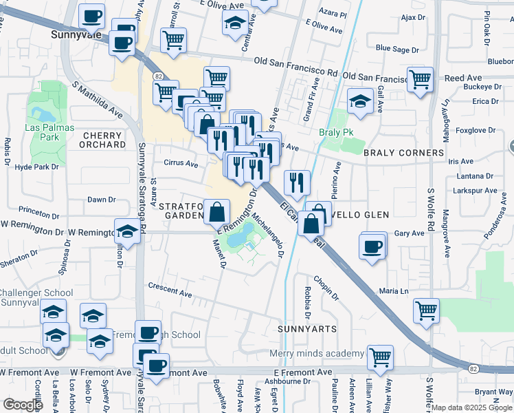 map of restaurants, bars, coffee shops, grocery stores, and more near 860 East Remington Drive in Sunnyvale