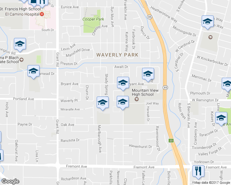 map of restaurants, bars, coffee shops, grocery stores, and more near 1161 Bruckner Circle in Mountain View