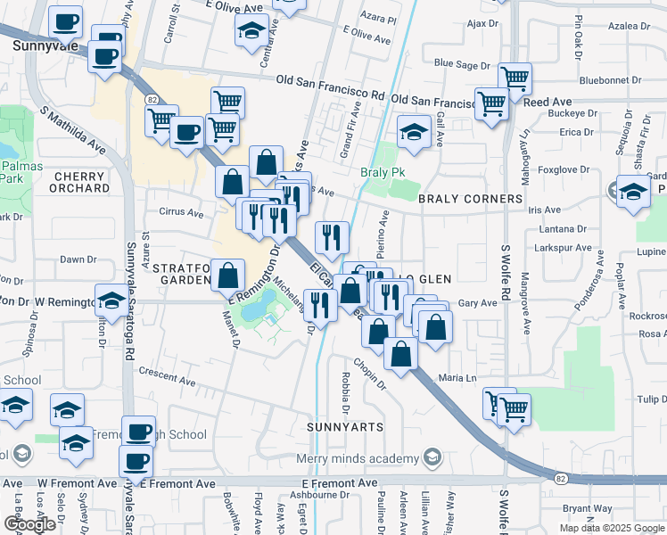 map of restaurants, bars, coffee shops, grocery stores, and more near 685 East El Camino Real in Sunnyvale