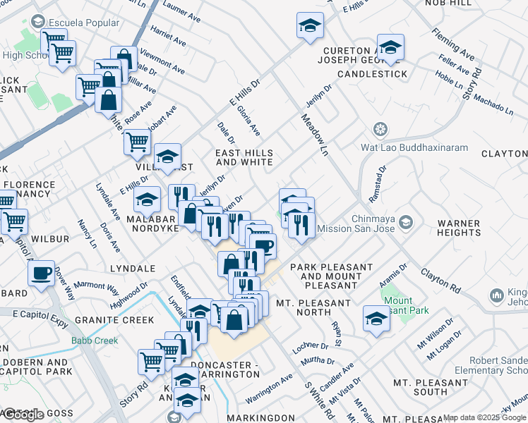map of restaurants, bars, coffee shops, grocery stores, and more near 14200 Buckner Drive in San Jose