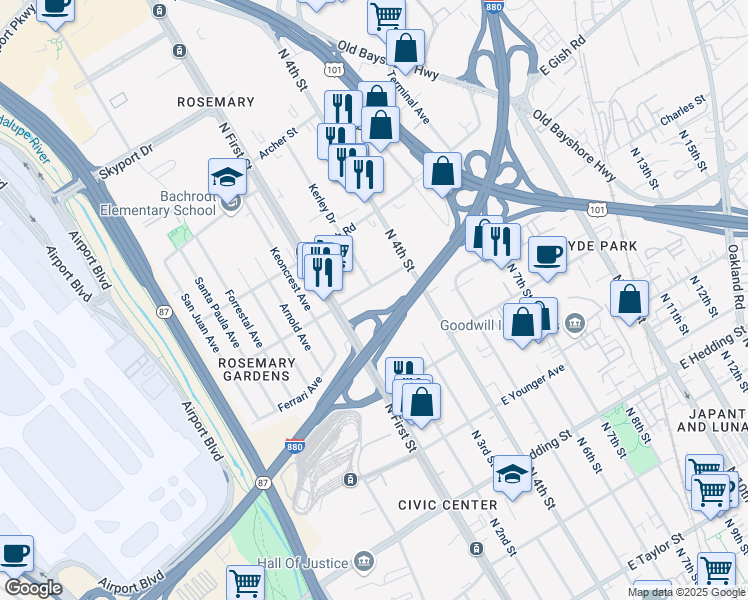map of restaurants, bars, coffee shops, grocery stores, and more near 66 East Rosemary Street in San Jose