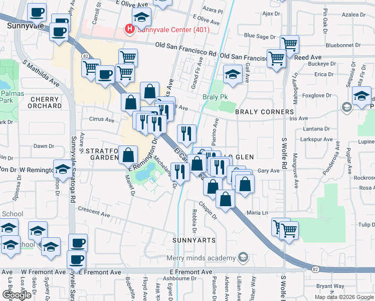 map of restaurants, bars, coffee shops, grocery stores, and more near 685 East El Camino Real in Sunnyvale