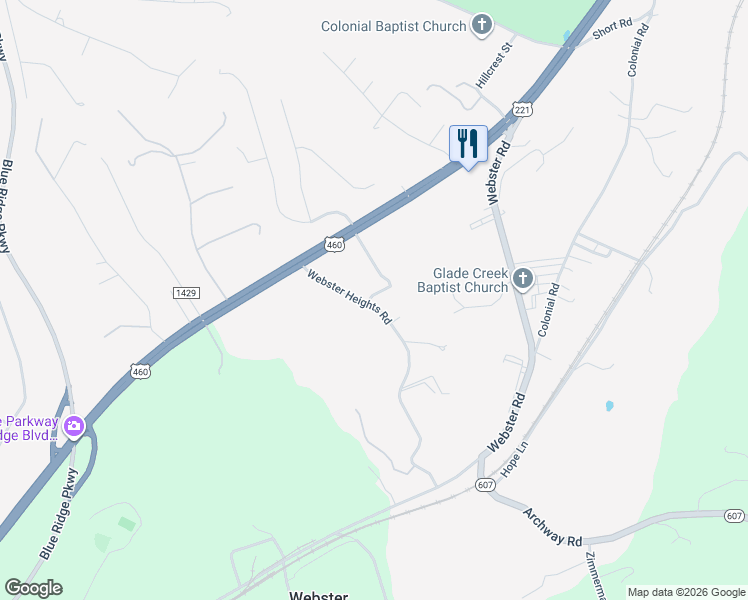map of restaurants, bars, coffee shops, grocery stores, and more near 187 Webster Heights Road in Roanoke