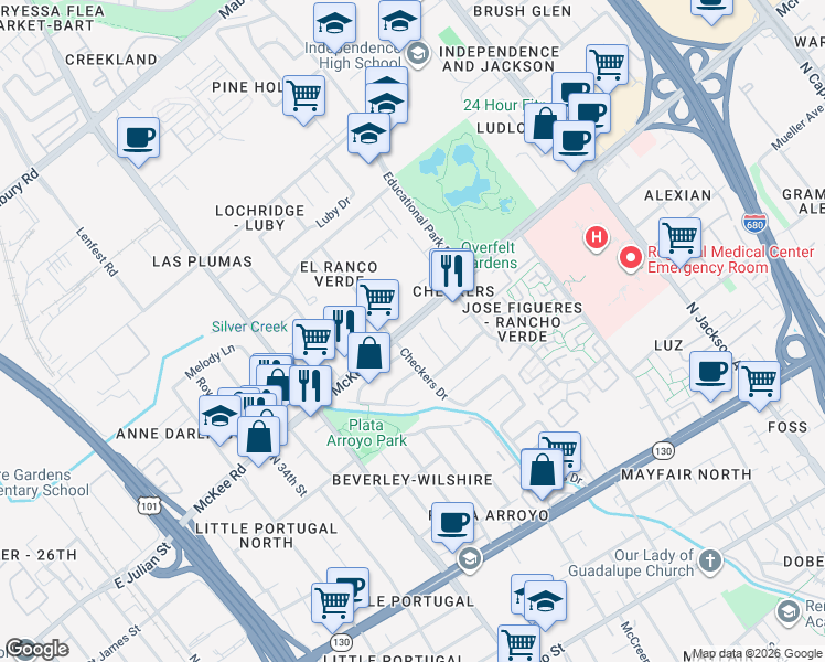 map of restaurants, bars, coffee shops, grocery stores, and more near 307 Turquesa Court in San Jose