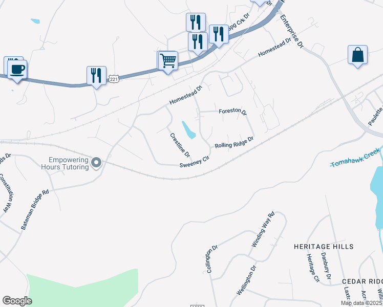 map of restaurants, bars, coffee shops, grocery stores, and more near 116 Crestline Drive in Forest