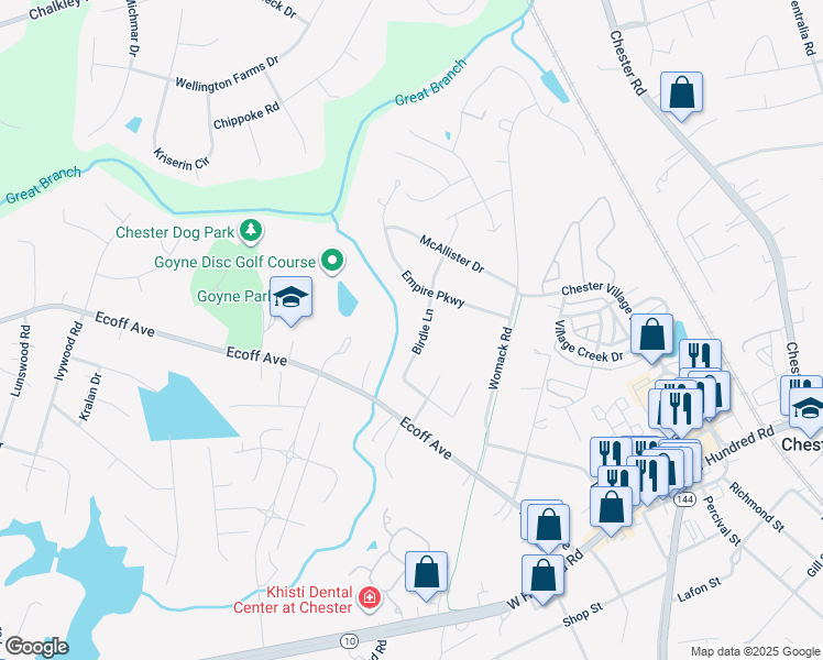 map of restaurants, bars, coffee shops, grocery stores, and more near 11818 Birdie Lane in Chester