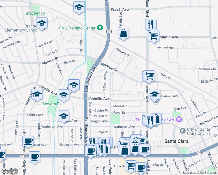 map of restaurants, bars, coffee shops, grocery stores, and more near 2076 Los Padres Boulevard in Santa Clara