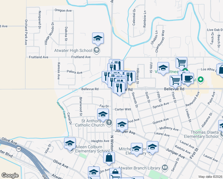 map of restaurants, bars, coffee shops, grocery stores, and more near Bellevue Road in Atwater