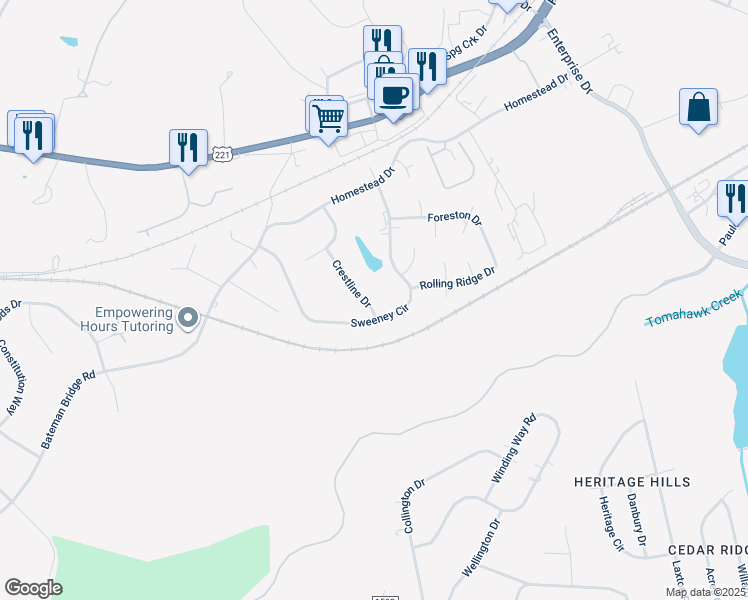 map of restaurants, bars, coffee shops, grocery stores, and more near 116 Crestline Drive in Forest