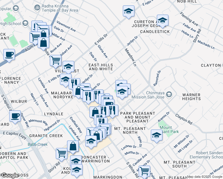 map of restaurants, bars, coffee shops, grocery stores, and more near 14200 Buckner Drive in San Jose