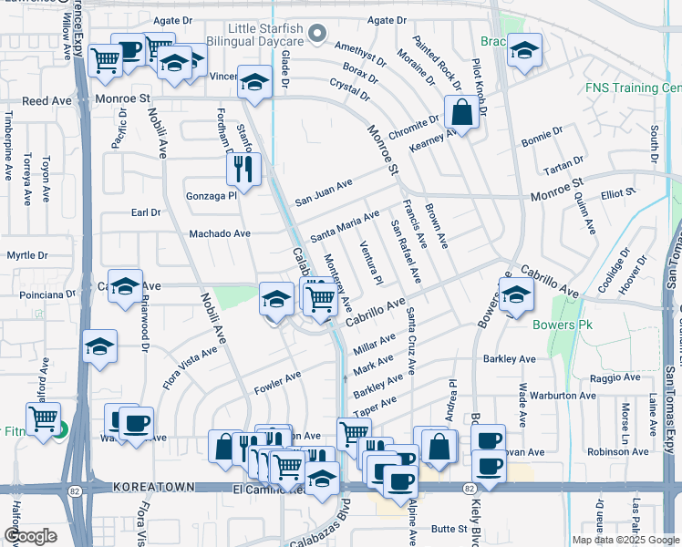 map of restaurants, bars, coffee shops, grocery stores, and more near 2178 Monterey Avenue in Santa Clara