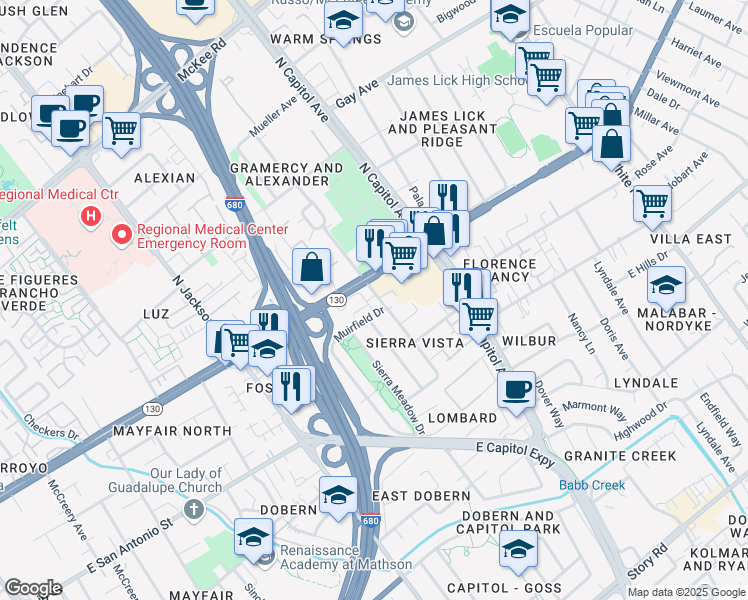map of restaurants, bars, coffee shops, grocery stores, and more near 71 Muirfield Court in San Jose