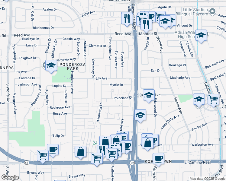 map of restaurants, bars, coffee shops, grocery stores, and more near 3707 Poinciana Drive in Santa Clara