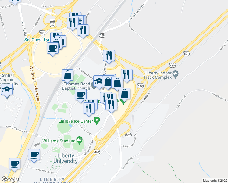 map of restaurants, bars, coffee shops, grocery stores, and more near 126 Montview Forest Drive in Lynchburg